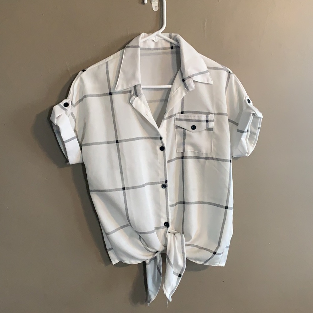 Black and White Checked Blouse with Front Tie